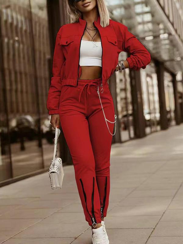 Two-piece Set Women's Solid Color Pocket Zip Up Crop Jacket & Drawstring Waist Pants, Casual Funnel Neck Long Sleeve Outerwear & High Waist Trousers for Spring & Fall, Women's Clothes for Daily Wear, Winter Set Clothes Women