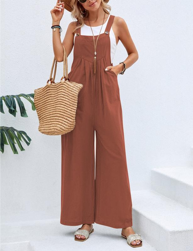 HangNiFang Women's Casual Summer Linen Jumpsuit Adjustable Strap Wide Leg Overalls with Pockets Womenswear Underwear Lady Sleeveless Basic