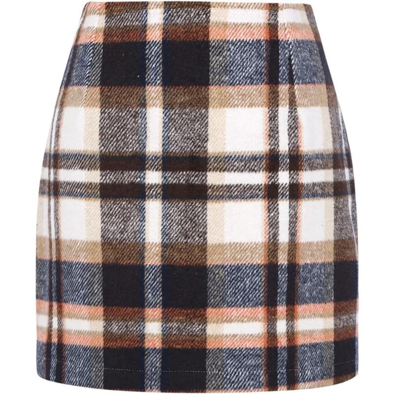 Womens High Waist Plaid Skirt Pencil Wool Mini Skirts