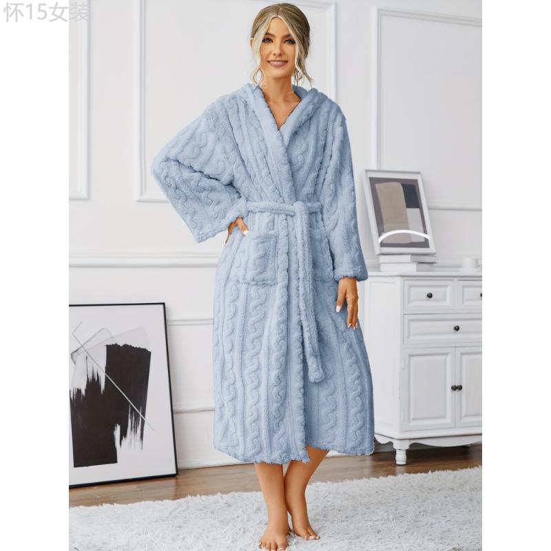 Casual Solid Fleece Jacquard Night Robe, Long Sleeve Hooded Robe With Belt, Women's Sleepwear & Dresses Fabric Polyester