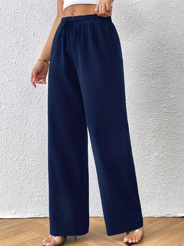 Women's Plain Pocket Drawstring Waist Wide Leg Pants, Elegant Comfy High Waist Straight Leg Trousers For Daily Wear, Ladies Bottoms For All Seasons