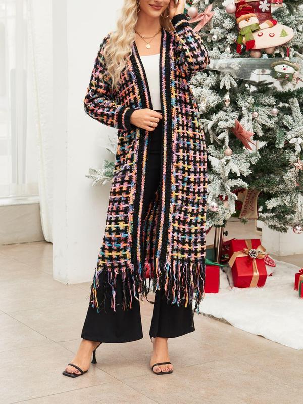 Women's All Over Print Fringe Hem Drop Shoulder Cardigan, Cardigan for Women, Casual Long Sleeve Open Front Knitwear for Fall & Winter, Winter Sweaters for Women, Fashion Ladies' Knit Clothing for Daily Wear