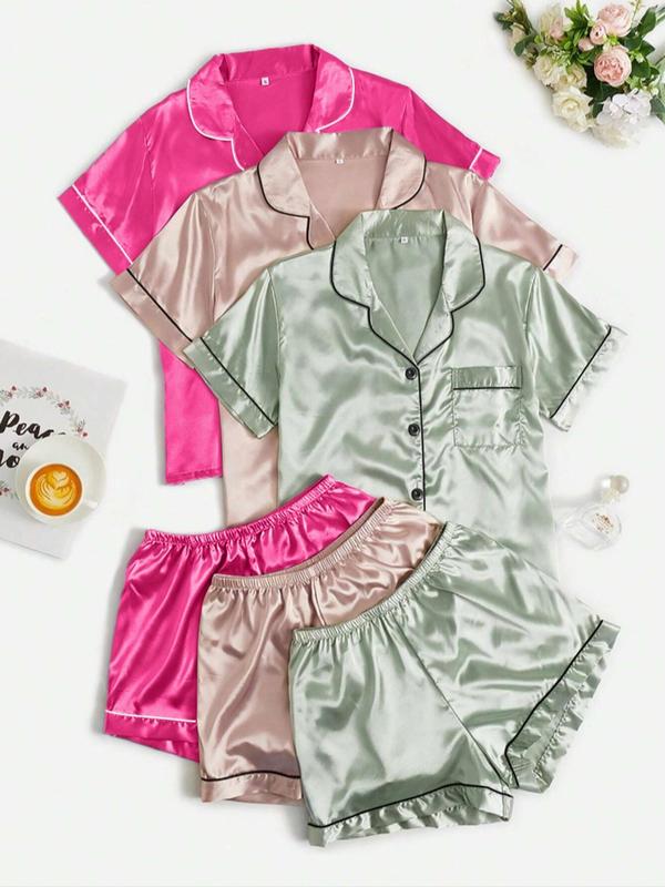 Women's Contrast Binding Lapel Neck Pocket Shirt & Shorts Satin Pyjama Set, Casual Comfy Short Sleeve Button Up Top & Shorts PJ Set, Ladies Summer Sleepwear