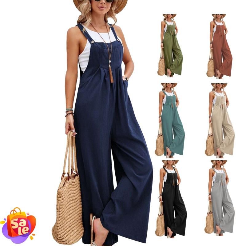 HangNiFang Women's Casual Summer Linen Jumpsuit Adjustable Strap Wide Leg Overalls with Pockets Womenswear Underwear Lady Sleeveless Basic