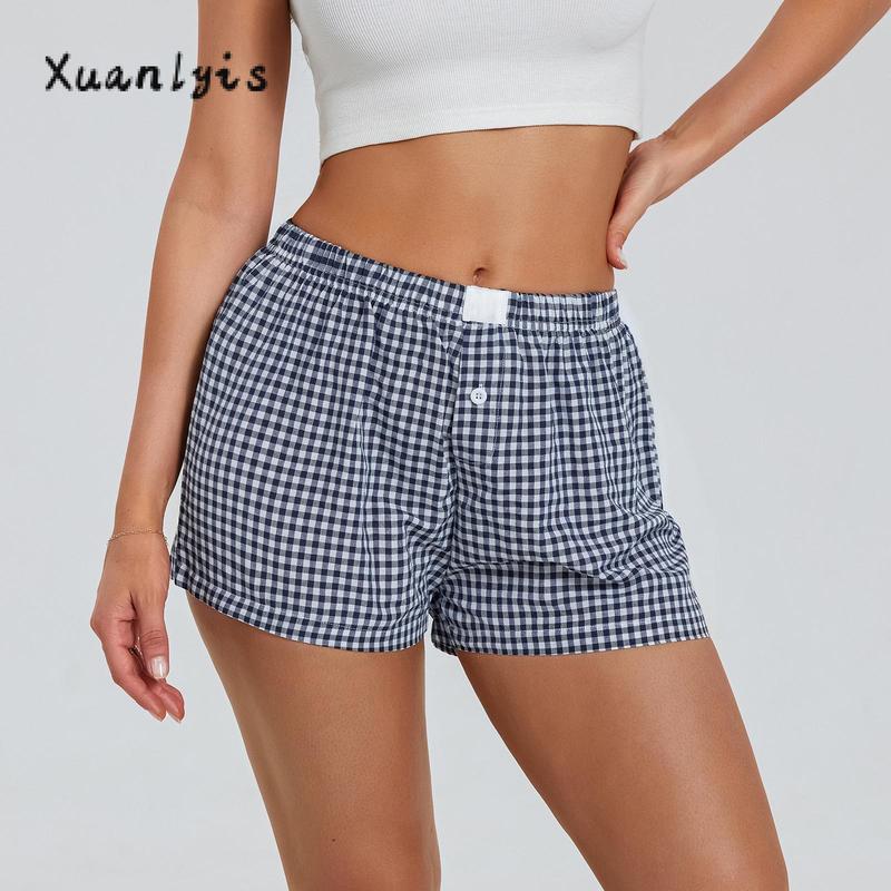 Women’s Plaid Print Shorts Elastic Low Waist Button Front Lounge Shorts Boxers Streetwear Fabric Womenswear Bottom Soft