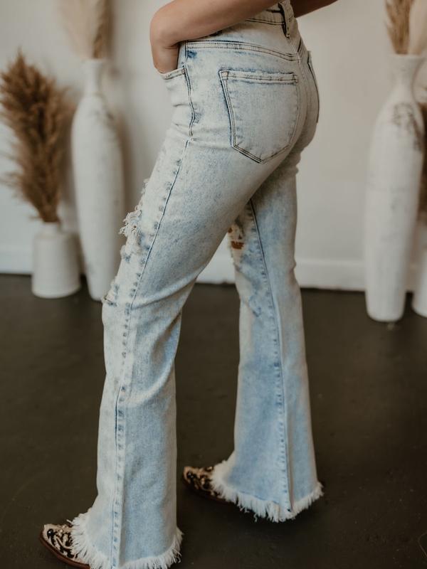 Dani Morgans Exclusive Risen Acid Wash Tummy Control High Rise Distressed Flare Jeans- Medium Acid Wash Comfort Denim