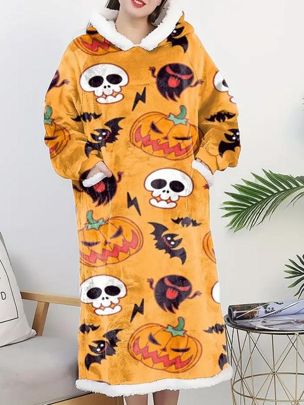 Women's All Over Print Thermal Lined Pocket Hooded Lounge Robe, Casual Halloween Themed Warm Raglan Sleeve Sleep Robe for Fall & Winter, Lady's Sleepwear for Indoor Wear