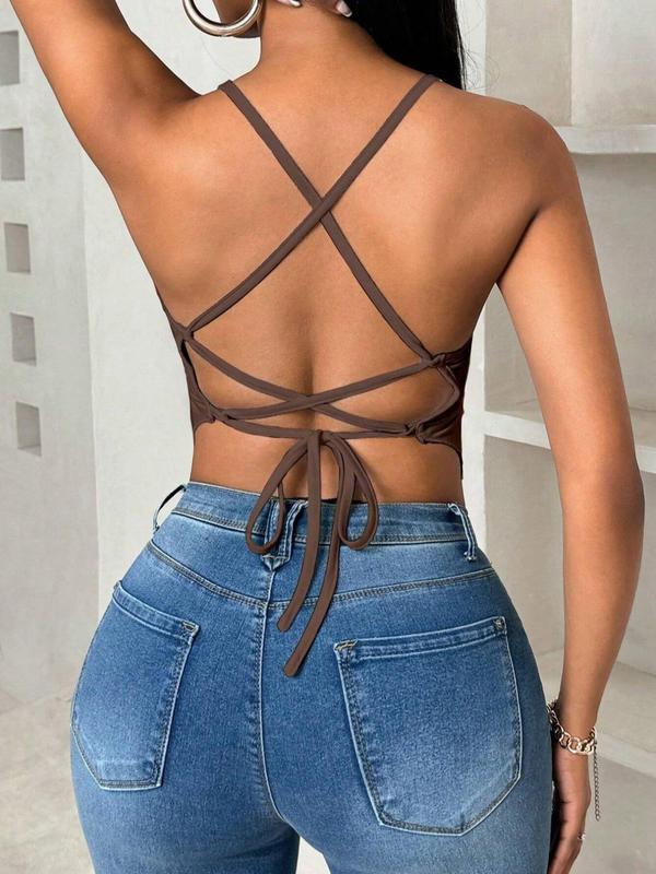 Women's Solid Backless Lace Up Halter Top, Casual Asymmetrical Hem Sleeveless Top for Summer, Fashion Women's Clothing for Daily Wear