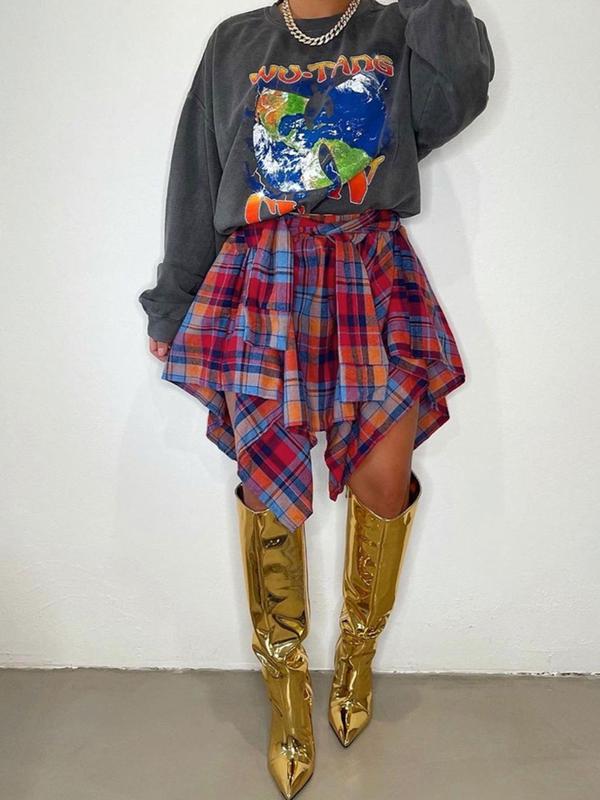  Plaid Print Asymmetrical Hem Skirt, Casual Knee Length Skirt for Fall & Winter, Women's Bottoms for Daily Wear