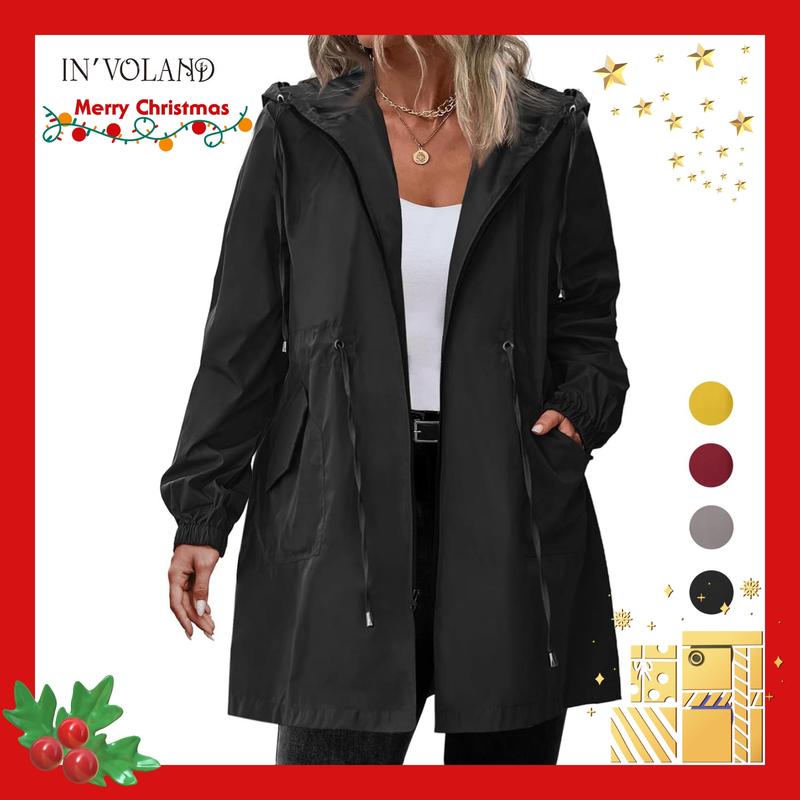 Holiday haul IN'VOLAND Women's Rain Jacket Plus Size Long Raincoat Lightweight Hooded Windbreaker Waterproof Jackets with Pockets Casual Long Sleeve