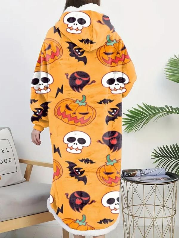 Women's All Over Print Thermal Lined Pocket Hooded Lounge Robe, Casual Halloween Themed Warm Raglan Sleeve Sleep Robe for Fall & Winter, Lady's Sleepwear for Indoor Wear