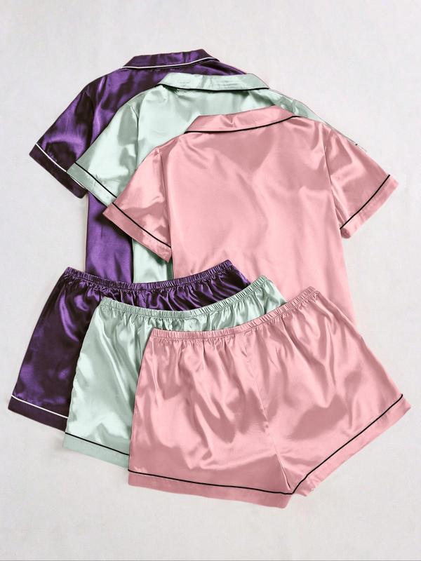 Women's Contrast Binding Lapel Neck Pocket Shirt & Shorts Satin Pyjama Set, Casual Comfy Short Sleeve Button Up Top & Shorts PJ Set, Ladies Summer Sleepwear