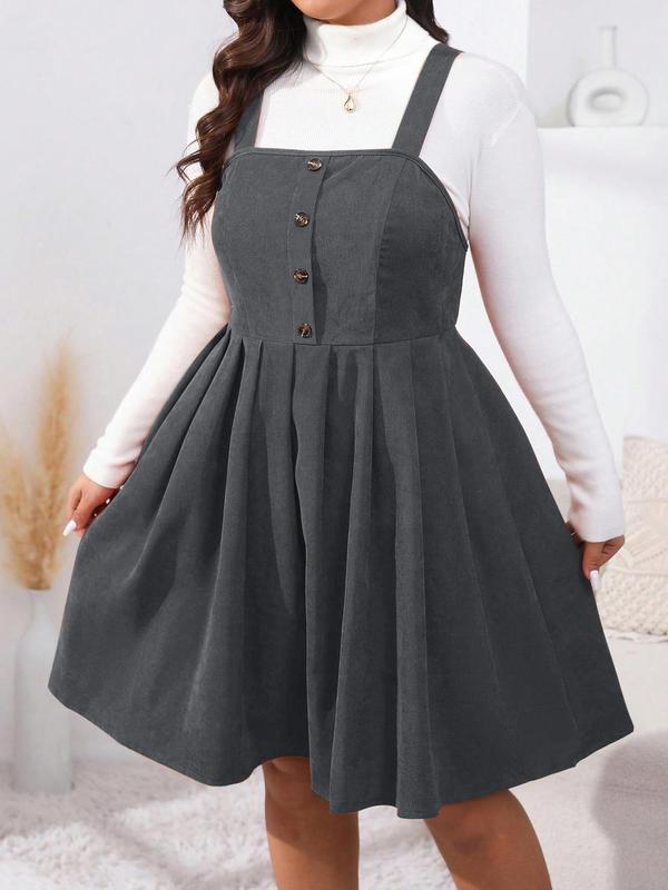  Button Decor Pleated Pinafore A-line Dress, Cute Outfits, Casual Sleeveless Tank Dresses, Overall Dress, Dresses for Women, Women's Clothing, Summer Clothes, Casual Dresses, Black Girl Outfits