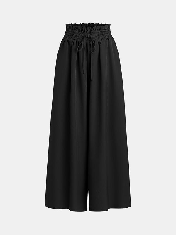 YOZY [2 colors, size 4-14] Plain Drawstring Waist Wide Leg Pants, Casual Frill Trim Shirred Elastic Waist Trousers, 2024 Women's All Season Outfits for Daily Wear, Back To School Pants, [S-XXL]