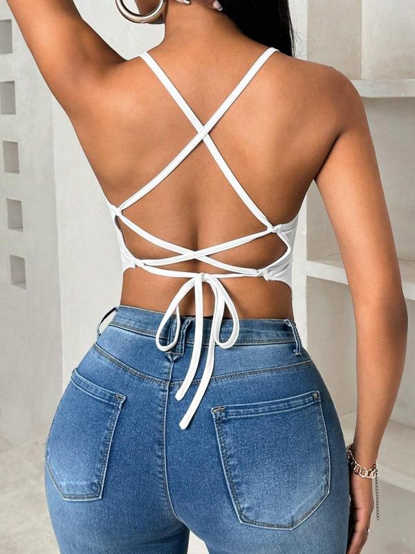 Women's Solid Backless Lace Up Halter Top, Casual Asymmetrical Hem Sleeveless Top for Summer, Fashion Women's Clothing for Daily Wear