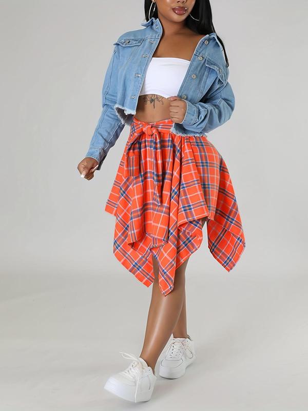  Plaid Print Asymmetrical Hem Skirt, Casual Knee Length Skirt for Fall & Winter, Women's Bottoms for Daily Wear