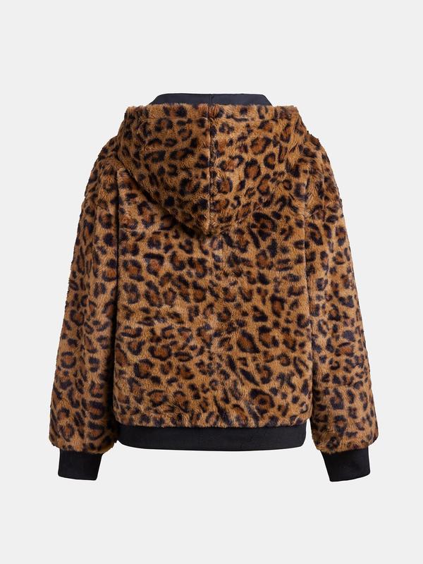 YOZY Women's Leopard Print Zip Up Thermal Lined Reversible Hooded Jacket, Fashion Casual Long Sleeve Pocket Outerwear for Daily Outdoor Wear, Women Clothing for Fall & Winter