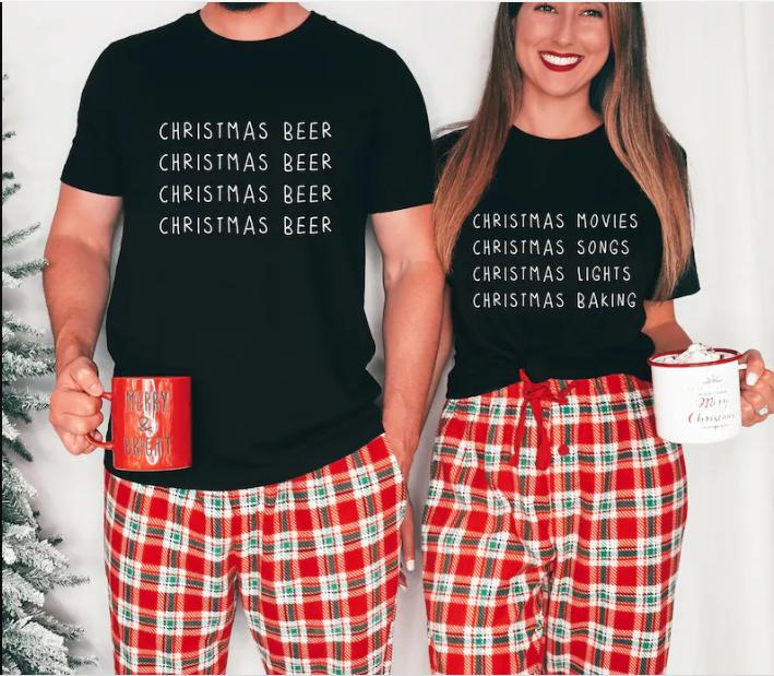 Couples Christmas Holiday Shirts Pajamas Tshirts, Pajamas For Couple Him And Her Funny Best Presents For Husband Wife, Beer Gift Tee For Men