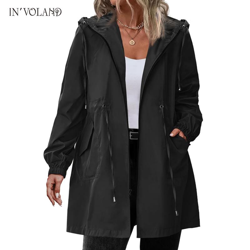 Holiday haul IN'VOLAND Women's Rain Jacket Plus Size Long Raincoat Lightweight Hooded Windbreaker Waterproof Jackets with Pockets Casual Long Sleeve