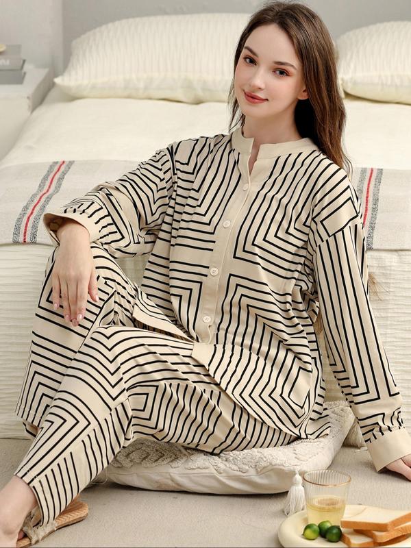 Two-Piece Set Women's Geometric Print Button Front Pocket Drop Shoulder Pajama, Casual Comfy Long Sleeve Top & Pants PJ Set, Ladies Sleepwear for Spring & Fall