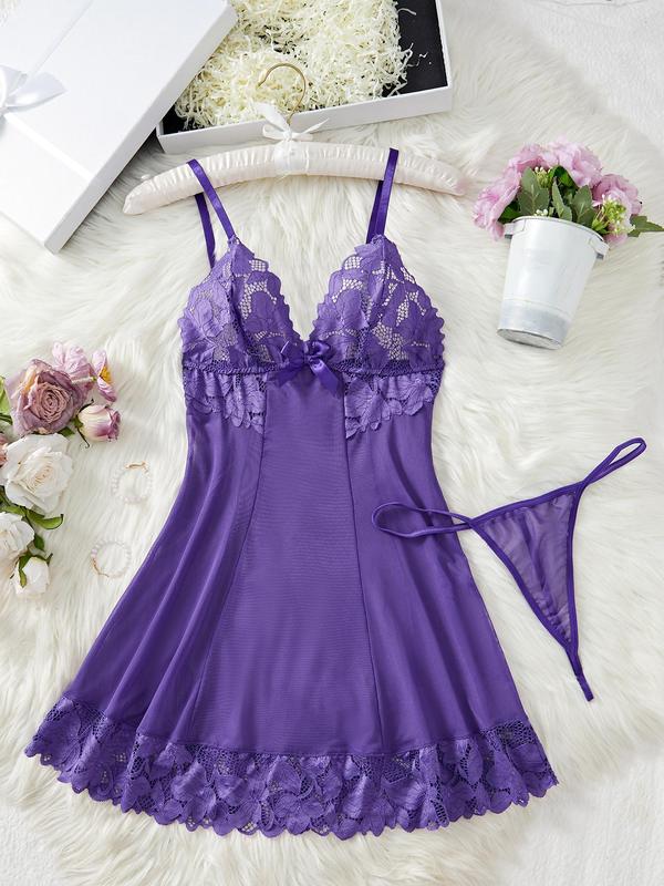 Women's 2pcs Bow Front Contrast Lace Cami Nightdress & Thong Set, Elegant Sexy Adjustable Spaghetti Strap Nightgown for All Seasons, Women Sexy Lingeries & Costumes for Daily Wear