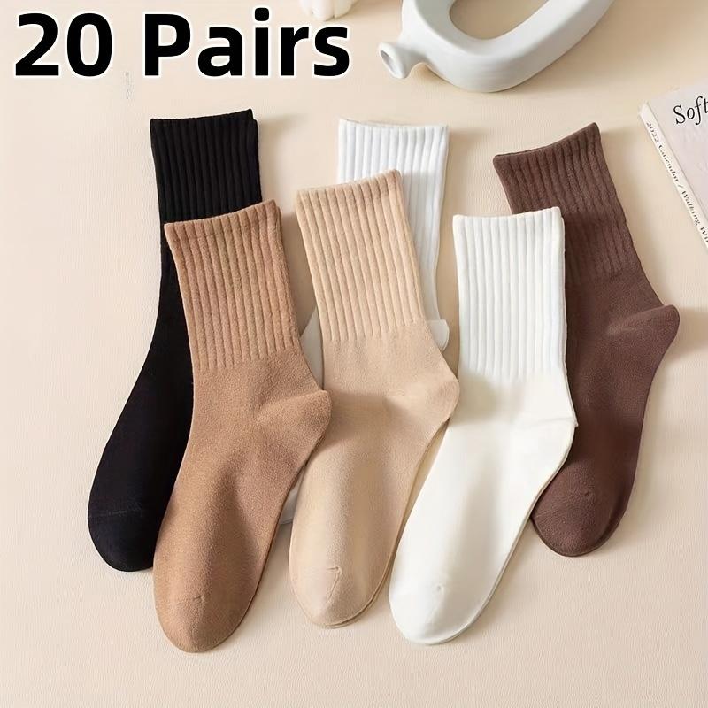 10 20 Pairs Of Women's Simple And Versatile Mid Length Socks, Comfortable Solid Color Sports Socks