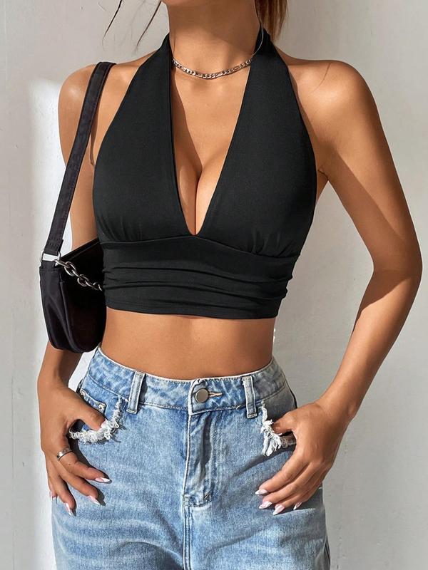 Women's Solid Backless Halter Crop Top, Casual Sleeveless Tie Back Top for Summer, Halter Top, Fashion Women's Clothing for Daily Wear