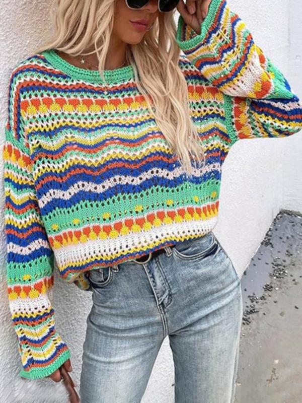 Women's Colorful Striped Hollow Out Drop Shoulder Sweater, Mufti Clothes, Back To School Outfits, Y2k Long Sleeve Round Neck Jumper for Fall, Women's Knitwear for Daily Wear, Women's Tops, Fall Outfits, Fallfreshness Clothes