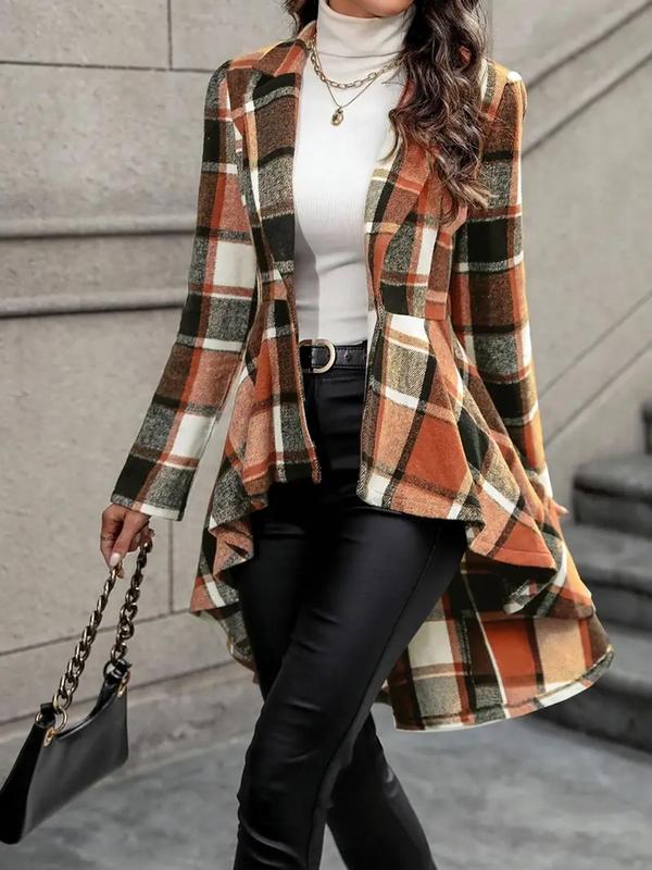 Women's Plaid Print High Low Hem Lapel Neck Pea Coat, Casual Long Sleeve Outerwear for Fall & Winter, Ladies Clothes for Daily Wear