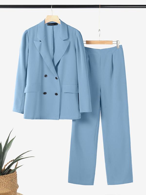 Women's Solid Double Button Lapel Neck Blazer & Pocket Pants Two-piece Set, Elegant Fashion Casual Outfits for Work Office Business, Ladies Fall & Winter Clothes