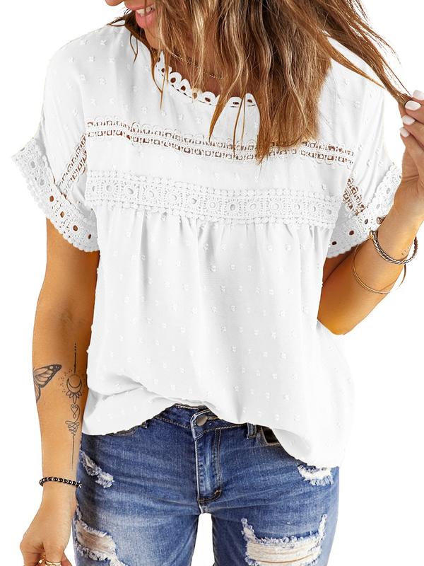 Dokotoo Womens Summer Tops Crewneck Lace Crochet Short Sleeve Shirts Casual Chiffon Blouses