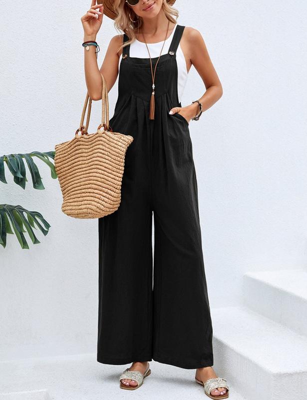 HangNiFang Women's Casual Summer Linen Jumpsuit Adjustable Strap Wide Leg Overalls with Pockets Womenswear Underwear Lady Sleeveless Basic