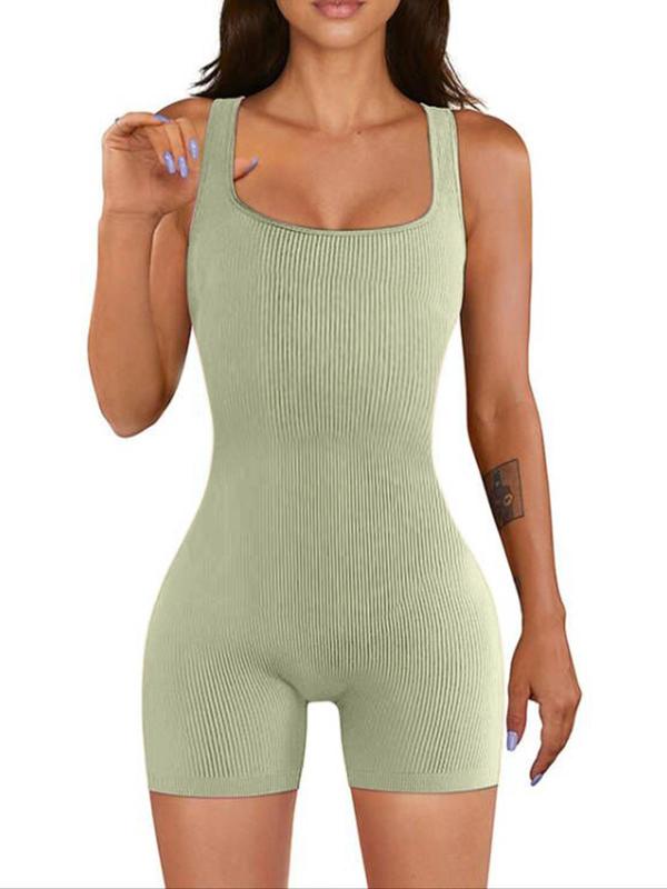 Women's Solid Color Ribbed Square Neck Tank Shapewear Romper, Casual Comfy Tummy Control Thigh Slimmer Seamless Sleeveless Shaper Bodysuit for Daily Wear, Summer Wear 2024, Ladies Shapewear, Fall Wear, Earthtone Fallfreshness