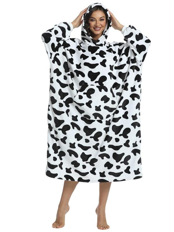 Women's Cow Print Drop Shoulder Flannel Lounge Hoodie, Casual Long Sleeve Pocket Design Hooded  Sweatshirt  for Fall & Winter, Lady's Sleepwear for Indoor Wear