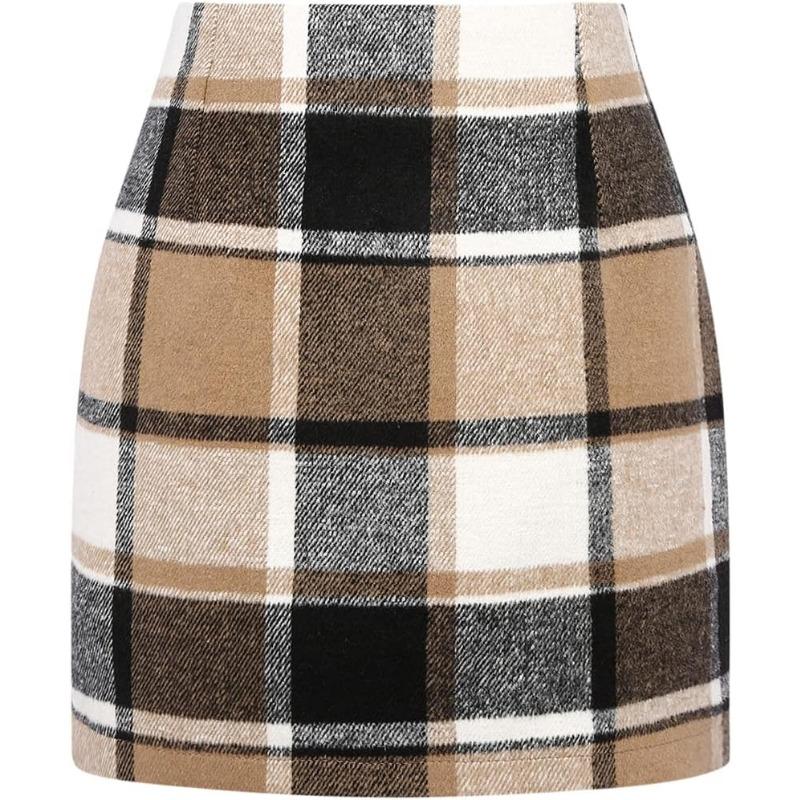 Womens High Waist Plaid Skirt Pencil Wool Mini Skirts