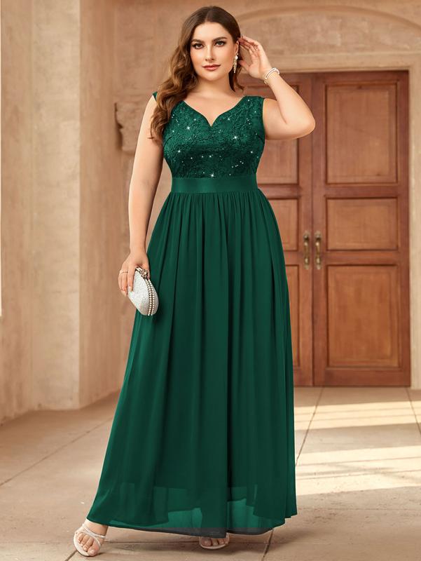 MISSMAY Women's Plus Size Lady Sequin V-Neck Elegant Comfort Lace Contrast Sleeveless Solid Formal Evening Maxi Dress YP23098