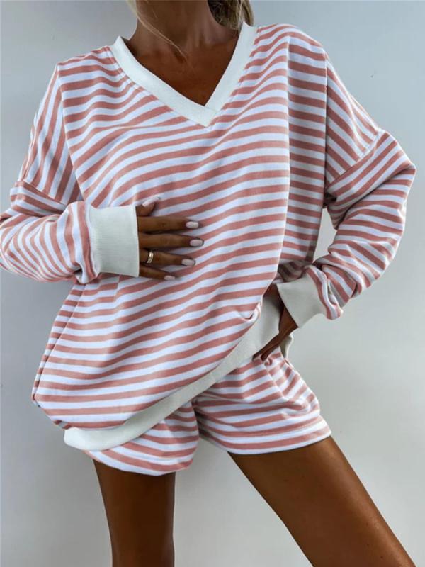 Two-piece Set Women's Striped Print Drop Shoulder Sweatshirt & Elastic Waist Shorts Loungewear, Casual Comfy V Neck Long Sleeve Top & Shorts Pj Set, Pajama Sets Women, Ladies Sleepwear for Spring & Fall, Black Girl Wear, Pajama Pants at Gym