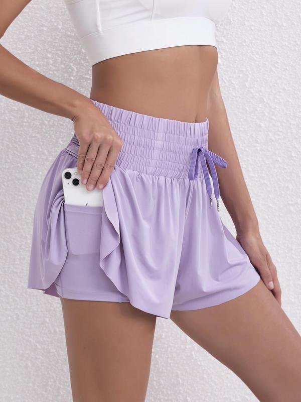 Women's 2 in 1 Drawstring Waist Shirred Skort, Casual Pocket High Waist Culottes for Summer, Shorts for Women, Women's Bottoms for Daily Wear, Going Out Bottoms