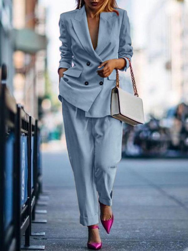 Women's Solid Double Button Lapel Neck Blazer & Pocket Pants Two-piece Set, Elegant Fashion Casual Outfits for Work Office Business, Ladies Fall & Winter Clothes