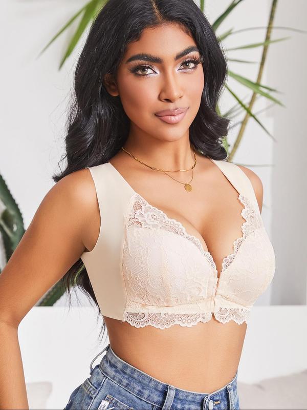 Women's Buckle Front Contrast Floral Lace Bralette, Casual Comfy Breathable Wireless Bra, Women's Lingerie for All Seasons