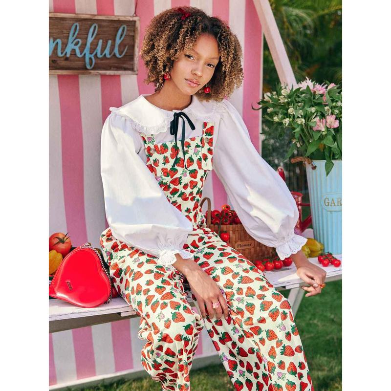 Cider [2 colors, size 2-26] Woven Strawberry Print Wide Leg Jumpsuit