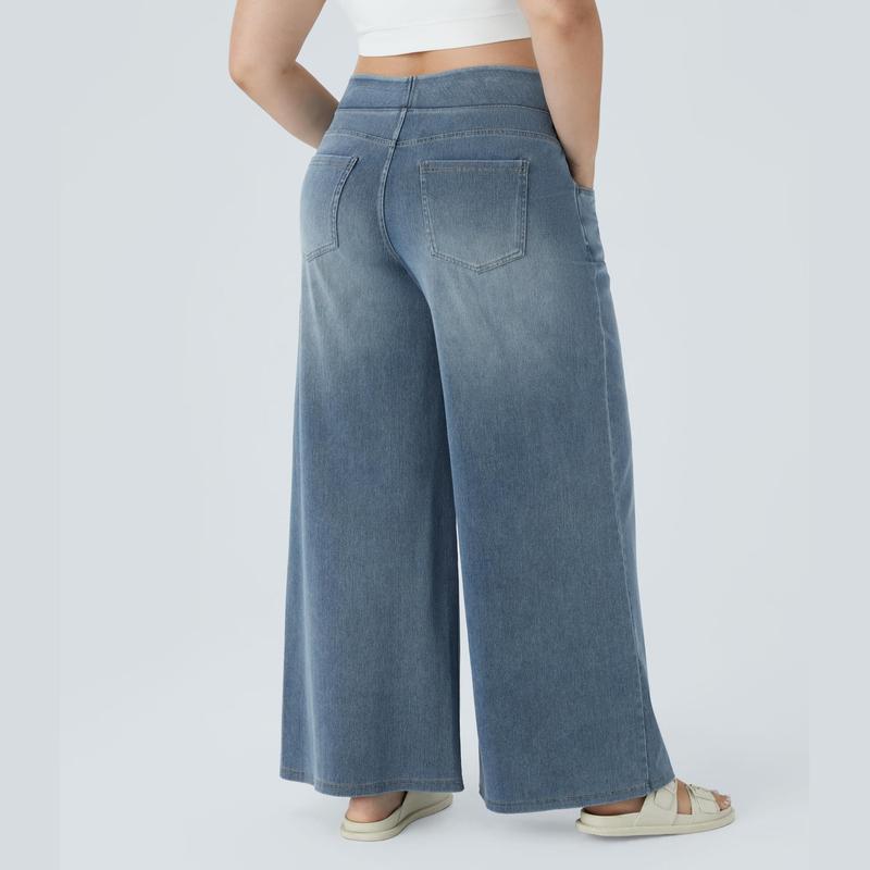 Halara Flex High Waisted Multiple Pockets Wide Leg Washed Stretchy Knit Casual Plus Size Jean