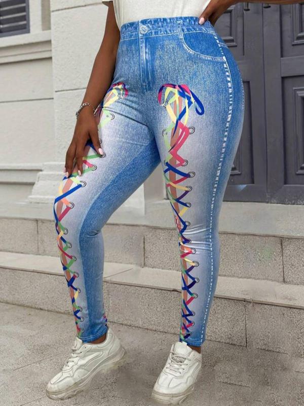  Denim-Effect Print High Waist Leggings, Casual Comfy Skinny Pants for Daily Wear, Women's Bottoms for Fall & Winter