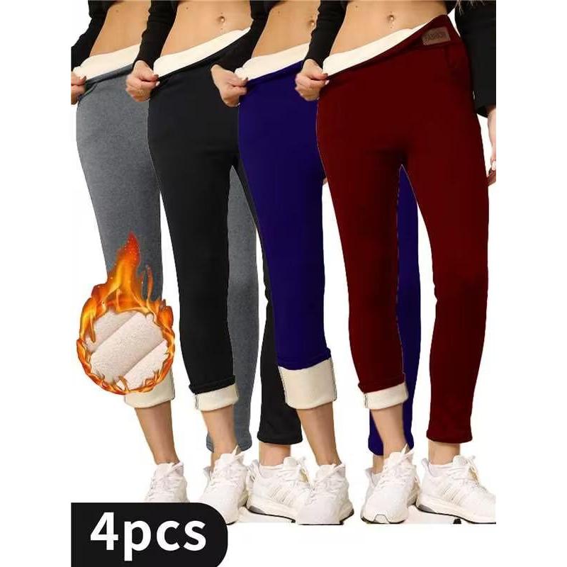 4 Pcs Full-Length High-Waisted Women's Fleece-Lined Leggings, Slim Fit, Warm, Sports Style Athletic Casual Pants for Fall & Winter