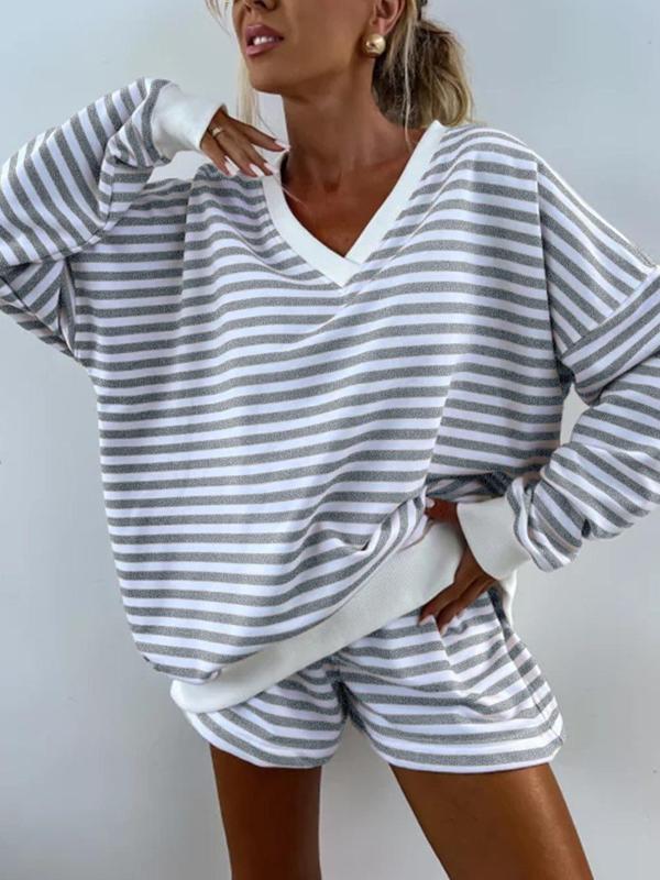 Two-piece Set Women's Striped Print Drop Shoulder Sweatshirt & Elastic Waist Shorts Loungewear, Casual Comfy V Neck Long Sleeve Top & Shorts Pj Set, Pajama Sets Women, Ladies Sleepwear for Spring & Fall, Black Girl Wear, Pajama Pants at Gym