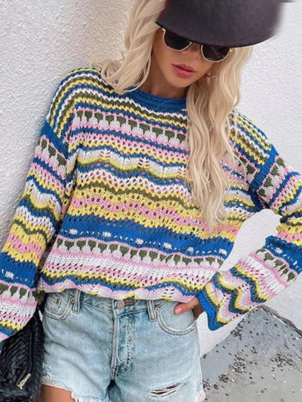 Women's Colorful Striped Hollow Out Drop Shoulder Sweater, Mufti Clothes, Back To School Outfits, Y2k Long Sleeve Round Neck Jumper for Fall, Women's Knitwear for Daily Wear, Women's Tops, Fall Outfits, Fallfreshness Clothes