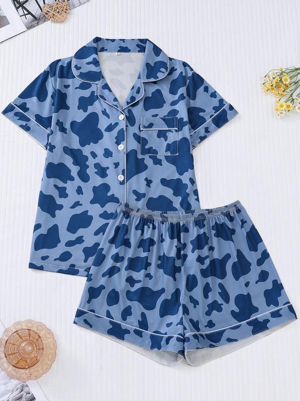 Two-piece Set Women's Women's Cow Print Contrast Binding Pyjama Set, Casual Mufti Clothes, Lapel Button Front Shirt & Elastic Waist Shorts, Summer Loungewear, Ladies Sleepwear for All Seasons, Summer Wear 2024 Black Girl Wear