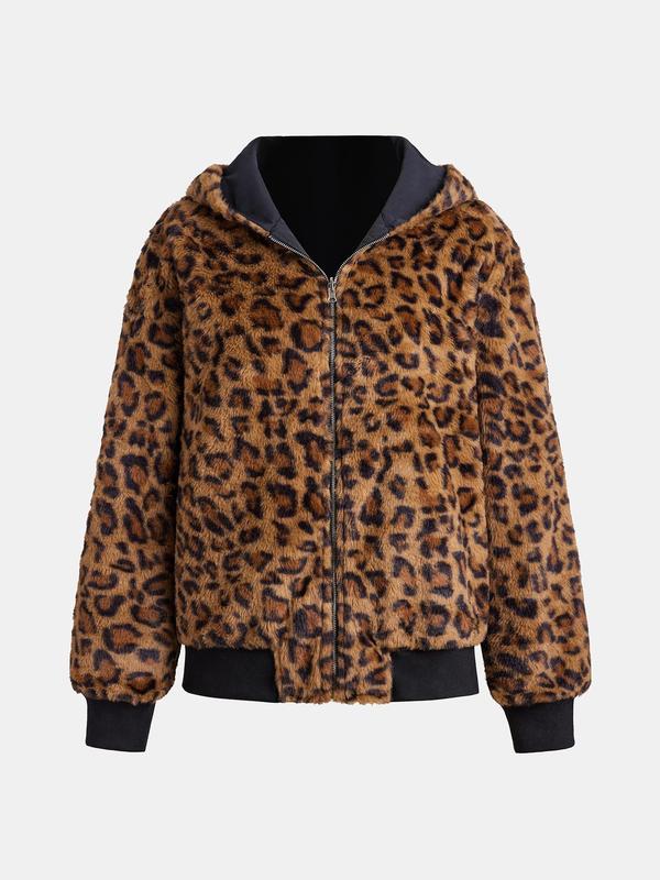 YOZY Women's Leopard Print Zip Up Thermal Lined Reversible Hooded Jacket, Fashion Casual Long Sleeve Pocket Outerwear for Daily Outdoor Wear, Women Clothing for Fall & Winter