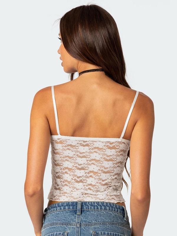 Women's Plain Floral Lace Bow Decor Sheer Crop Cami Top, Elegant V Neck Backless Top for Summer, Ladies 90s Clothes for Dating Daily Wear, Leisure Wear Top