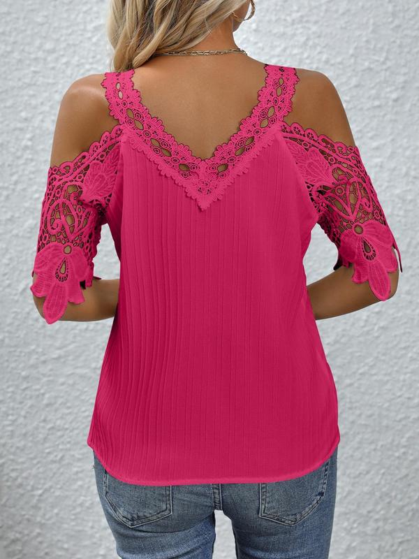 Women's Contrast Lace Cold Shoulder Blouse, Textured Half Sleeve Top for Summer, Going Out Tops, Ladies Clothes for Daily Wear, Women's Summer Tops, Summer Outfits 2024, Blouses for Women